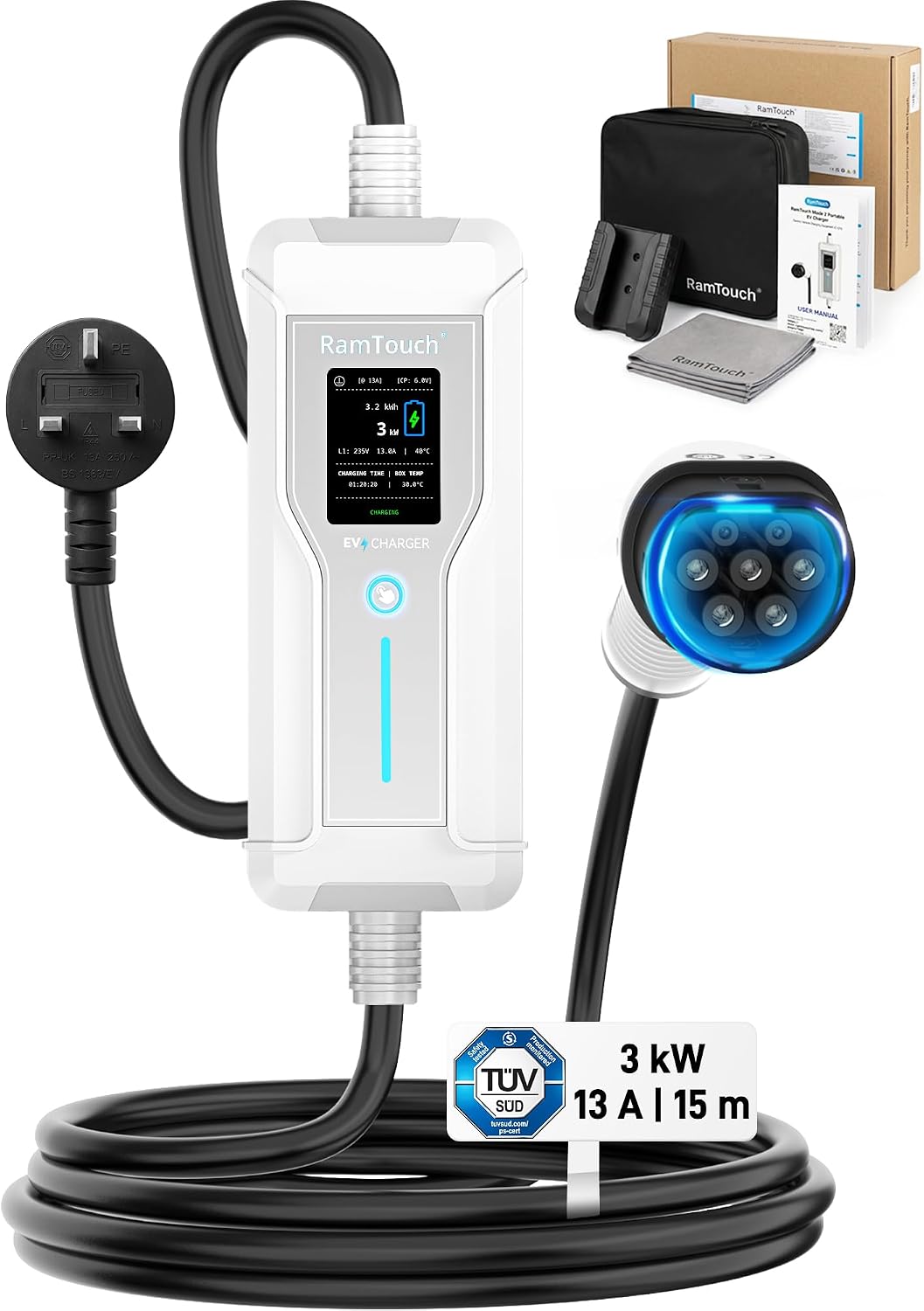 RamTouch Portable EV Charger (3 kW, 13 A, 15 m, IP67) | UK 3-Pin Plug to Type 2 | Mode 2 Granny Charging Cable with Adjustable 6A–13A, Smart Timer & LCD Display, AC/DC RCD Protection for EVs & PHEVs