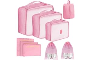 UERVOTON Cubi di imballaggio per Valigia - 9 PCS Cubi di Imballaggio da Viaggio Set di Borse Organizer per Valigie Leggere Organizzatori di Bagagli per Accessori da Viaggio con Borse per Scarpe - Rosa