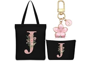 Hestya Set 3 Regalos para Mujer Navidad Bolso Tote Personalizado con Inicial Bolsa de Compras de Lona Neceser con Alfabeto Bolso de Maquillaje Llavero con Letra para Amiga Colega Cumpleaños Boda