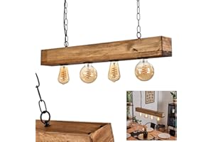HOFSTEIN Lampada a sospensione Berat, lampada a sospensione allungata in metallo/legno in nero/marrone scuro, lampada moderna con trave in legno, 4 x E27,senza lampadina/e