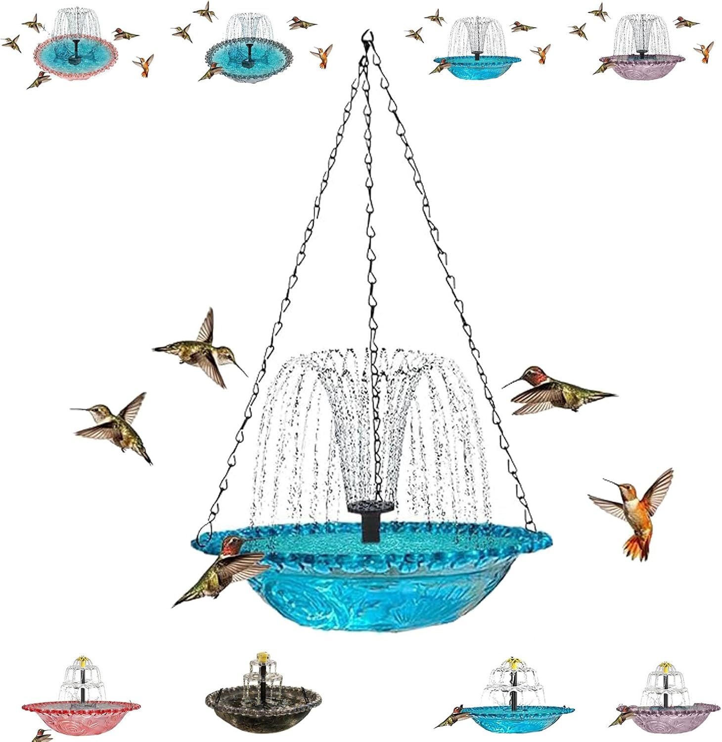 Solar Cascade Hanging Bird Bath Fountain, Outdoor Hanging Bird Bath with Solar Fountain, Hanging Humming Birdbath with Solar Pump, Hanging Water, Attracts Hummingbirds & Wild Birds (Blue,A)