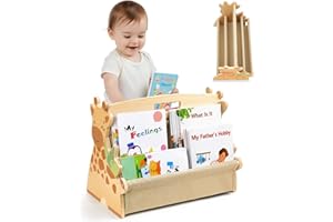 MHJY Bücherregal Kinder, doppelseitiges Holzregal mit robusten Canvas-Taschen, Montessori Stil, tragbar mit Griff, Kinderbuchregal für Kinderzimmer, Spielzimmer & Kindergarten, leicht & langlebig