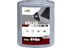 Covall Bâche Imperméable Bâches de Protection en Polyéthylène 140g/m² Robuste 4x6m Étanche Renforcé Trou Soudé Résistant à la déchirure Toit Polyvalent Pool Truck RV Camping Tente Jardin Argent/Noir.