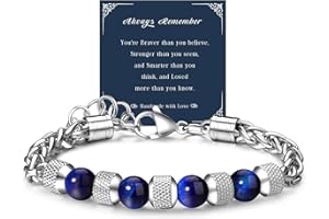 GEMAURA Men's Stainless Steel Bracelet - 8MM Tiger Eye Natural Stone Beads, Adjustable Silver Chain, Lucky Jewelry Gift