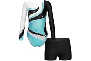 JanJean Kinder Mädchen Gymnastikanzug Glänzend Ballettanzug Langarm Turnanzug Ballett Trikot mit Kurze Hose Wettbewerb Tanzkostüm