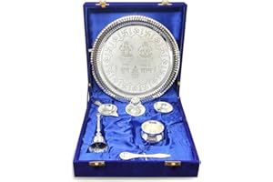 BENGALEN Pooja Thali Set Silver Plated with Blue Gift Box Designed 22 cm Puja Plate Kalash Bowl Ghanti Spoon Dhup Dan Diya for Home Office Diwali Wedding Return Gift Items