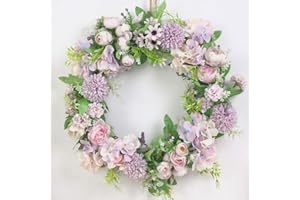 ‎SUREH SUREH 39,9 cm künstlicher violetter Hortensien und Pfingstrose Frühlingskranz Seide Pfingstrosen Kranz mit grünen Blättern Willkommen Haustür Kranz für Hochzeit Wand Home Decor