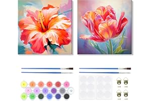 Lxmsja 2 Pezzi Tulipano Dipingere con i Numeri Adulti Con Cornice, Fiore Paint by Numbers Kit Principianti Con 3 Penne, Hobby Creativi Adulti Idee Regalo Donna Decorazioni Casa - 20x20cm