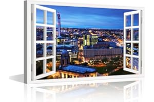 TISHIRON 3D Window View Birmingham Wall Art Decor England City Skyline Panorama ​Canvas Paintings Canvas Print for Home Living Room Dining Room Decor Stretched and Framed Ready to Hang - 24"W x 16"H