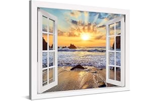 PICANOVA – Cuadro Sobre Lienzo Sunset Over Rocky Beach Window 100x75cm – Impresión En Lienzo Montado Sobre Marco De Madera (2cm) – Disponible En Varios Tamaños – Colección Playas