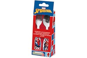 TATAWAY IN VIAGGIO SI CRESCE Tataway Set de 2 couverts Marvel bleus et rouges pour enfants en acier inoxydable Spiderman à bouts arrondis