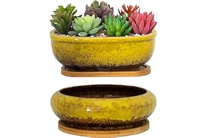 ARTKETTY Doniczki na sukulenty, ceramiczne doniczki na sukulenty z drenażową tacą bambusową, 1 prostokątna doniczka + 1 okrągła doniczka do użytku wewnątrz kaktusów bonsai roślin domowych (żółta)