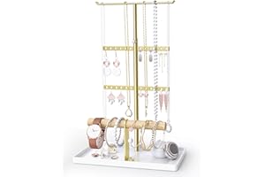Jockcaras Jewelry Organizer Necklace Holder: Gold Jewelry Stand for Earring and Bracelet Storage