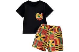 HODJIU Kids Toddler Boy Girl Summer Clothes Tee Shirt Tops African Graphic Kente Dashiki Ankara Jogger Pants/Shorts Boho Outfit 2 Piece Sets