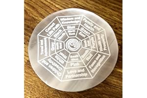 crystalmiracle Selenit naturale Rotondo Inciso Ricarica Piastra Reiki Guarigione con cristalli FENG Shui Pietre preziose Regalo Energia positiva Pace Meditazione per unisex, Bianco, 3 Pollici