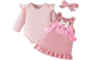 LUVCES 3 Piezas Conjunto Falda con Tirantes de Pana para Niña Recién Nacida Mono Acanalado con Corazón y Diadema Ropa Bonita para Otoño e Invierno San Valentín