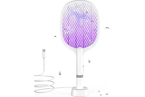 TEINNGO Raqueta Matamoscas Electrica, 2 en 1 5000V Raqueta Mosquitos Eléctrico con Base Recargable, 2 Modos, Protección de Malla de Tres Capas, para Uso en Interiores y al Aire Libre