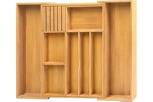 comfoyar Portaposate da Cassetto in Bambù, Porta Posate Cucina Cassetto Legno Regolabile, Espandibile Organizer Posate da Cassetto Legno con 3 a 10 Scomparti, Blocco per Coltelli Rimovibile Cucchiai
