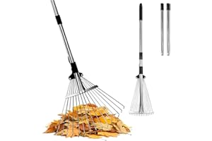 HAWCAFU Metallrechen mit verstellbarem langem Griff, 99,1 cm - 172,7 cm, Gartengeräte für Rasenlaub, mit erweiterbarem Kopf