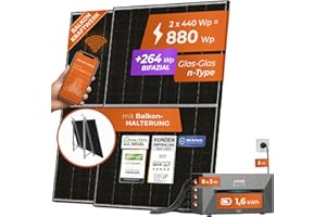 Solarway® All In One Balkonkraftwerk mit Speicher 880W komplett Steckdose - 1,6 kWh Anker Solix 2 PRO Speicher - Solaranlage Komplettset - 440W bifaziale Solarmodule & Anker Speicher & Zubehör