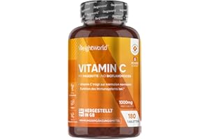 ‎WEIGHTWORLD Vitamin C 1000mg pro Tablette - 180 vegane Tabletten für 6 Monate - Vit C als L-Ascorbinsäure mit Bioflavonoiden & Hagebutte - WeightWorld