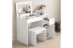 GENERIC Dressing Table With Mirror and Stool, Flip Up Mirror White Vanity Makeup Table, Girls Dressing Table, Cosmetic Bedroom Dresser Make Up Writing Desk For Bedroom Furniture, 81 L x 40W x 69 H cm