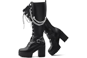 Voviggiw Women Fashion Platform Knee High Boots Lace Up Chunky Heel Boots with Buckle Side Zipper Biker Boots