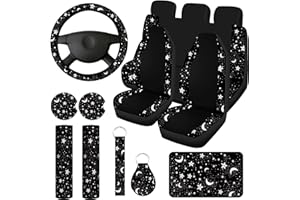 Yexiya 15 Pcs Moon and Star Car Seat Covers Print Car Accessories Full Set for Women Men Set Steering Wheel Cover Armrest Pad Seat Belt Pads Wrist Keychain Auto Interior Decor(Moon, Star)
