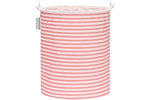 Sea Team 19,7 pouces de grande taille Revêtement imperméable en tissu de coton Ramie Panier à linge pliant Seau Panier de rangement en toile de jute cylindrique avec un design élégant à rayures roses