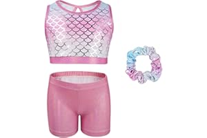 Gogokids Girls' Three-Piece Gymnastics Split Set, Sleeveless Leotards with Shorts and Hairband, Girls Athletic Unitards - Gymnastics Outfit with Gradient Colors Design for 3-12 Years
