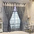 Amidoudou 1 Pair European Double Layer Curtains for Living Room Bedroom Luxury Flower Embroidered Blackout Curtains with Valance (Grey,66 x 84 Inch)