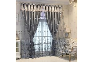 Amidoudou 1 Paar europäische doppellagige Vorhänge für Wohnzimmer, Schlafzimmer, luxuriöse Blumenstickerei, Verdunkelungsvorhänge mit Volant (Grau, 168 x 228 cm)