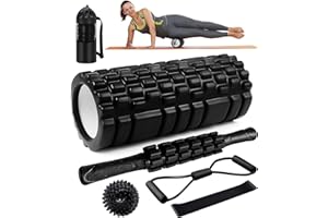 Rullo Massaggio Muscolare, Qveetry 6 in 1 Foam Roller Rullo in Schiuma Pallina Massaggiante Bastone Massaggio bande di resistenza per Stretching Yoga Pilates Rilascio Miofasciale