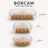 Piev Borcam Uyumlu Kare, Dikd&ouml;rtgen ve Yuvarlak Cam Kapak Seti | 3'l&uuml; Set, Şeffaf Cam, Fırın Kabı Uyumlu, Saklama Kabı Uyumlu
