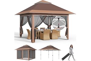 JUMMICO Pop Up Pavillon 3,24x3,24 Wasserdicht Stabil Winterfest mit 4 Moskitonetz Seitenteilen, Faltpavillon UV Schutz 50+, Doppeldach Pavillion für Patio Familientreffen,Braun
