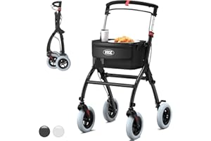 VOCIC Lightweight Indoor Rollator for Home, Foldable Walking Frame with Wheels for Senior Aluminium Walker, Rollators with Quiet Tires for Seniors, Foldable Tray with UKCA (Black)