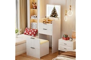 Gurexl 3 in 1 Small Vanity Desk with Plip Top Mirror,Makeup Vanity Set with Visible Glass Desktop,Compact Vanity with 3 Drawers,Storage Compartment and Padded Stool,Dressing Table for Bedroom,White