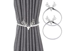 ZZYANGZZ Curtain Tiebacks Aluminum Alloy Spring Design Curtain Holdback Leaf Carving Design Curtain Ties for Drapes Curtain Ties Backs Curtain Modern Style Curtain Holdback Decor 2 Packs （Silver Deer Head)