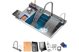 XDXINY Fregadero de cocina negro Fregadero multifuncional Fregadero en cascada de acero inoxidable Fregadero de cocina para estación de trabajo de un solo tazón con grifo con pantalla digital (82x48x21CM)