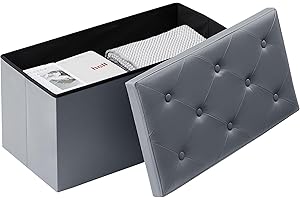 VECELO 76cm Folding Storage Ottoman Bench- Versatile Shoestool & Footstool, Bedroom Bench with Storage, Storage Chest for Living Room, Utility Room, Hallway, Holds up to 200kg, Easy to Assemble,Grey