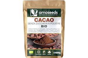 AMOSEEDS Cacao Senza Zuccheri in polvere BIO 1KG | Fave sgrassati di Cacao Bio, 100% puro | Gusto Intenso di Cioccolato | Qualità superiore