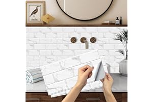 White Brick Tile Stickers, BYLife 12pcs Peel and Stick Wallpaper Transfers Sticker for Kitchen Bathroom Self Adhesive Vinyl Splashback Wall Tile for Home Decor 15x30 cm