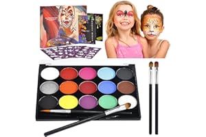 JOYUE Zestaw do makijażu dla dzieci, na Halloween, do malowania ciała, farby do twarzy, 15 kolorów, makijaż karnawałowy z 4 profesjonalnymi pędzlami, 40 szablonów do tatuażu, kolor ciała dla dzieci,