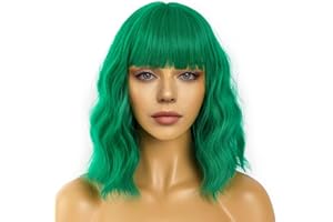 LANCAINI Wavy Wig With Bangs Women's Short Wigs Curly Wavy Bob Synthetic Cosplay Wig for Girls Daily Use Colorful Wigs (Green)
