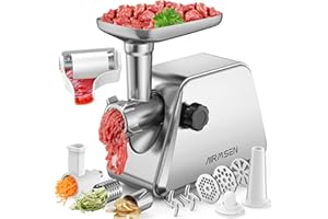 AIRMSEN Hachoir à Viande Électrique 5 en 1 Presse Tomate Electrique-2 Lame en Acier Inoxydable, 3 Plaques de Broyage, 3 Accessoires pour Découpe de Légumes, Accessoires pour Kubbe et Saucisse