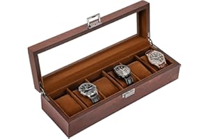 ProCase Pudełko na zegarek z 6 przegródkami, drewniana skrzynka ze szklaną pokrywką, walizka z poduszką, do przechowywania zegarków dla mężczyzn, organizer