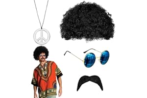 QSZHSL Conjunto de Disfraces de Hippies, Set de Disfraz de Hippie, Peluca Afro, Pelucas Hombre, Peluca Hippie , Accesorios De Disfraz Hippie, para Carnaval Fiesta Disfraces Hippie Halloween (4 Pcs)