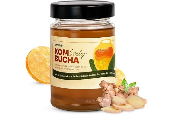 SANUVIA Kombucha SCOBY Starter Culture – Tebrygga med 300 ml startte i glasburk – Vegansk, levande kultur, återanvändbar – Instruktioner på etiketten – 100% naturlig