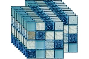 FBBULES 20PCS Mosaic Style Decorative Tile Stickers, Self Adhesive Wallpaper Waterproof Peel and Stick on Wall Glass Furniture for Kitchen Bathroom Room Transformation, Blue (10x10cm/4x4inch)