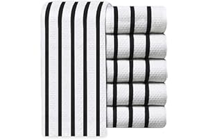 Quick Cleaning Supplies QCS Towels - Vintage Multi-Stripe Jacquard Weave Tea Towel Set - 100% Ring Spun Cotton - Kitchen Dish Cloth - Super Absorbent - Premium Construction - 44 x 66 cm (Black,6)